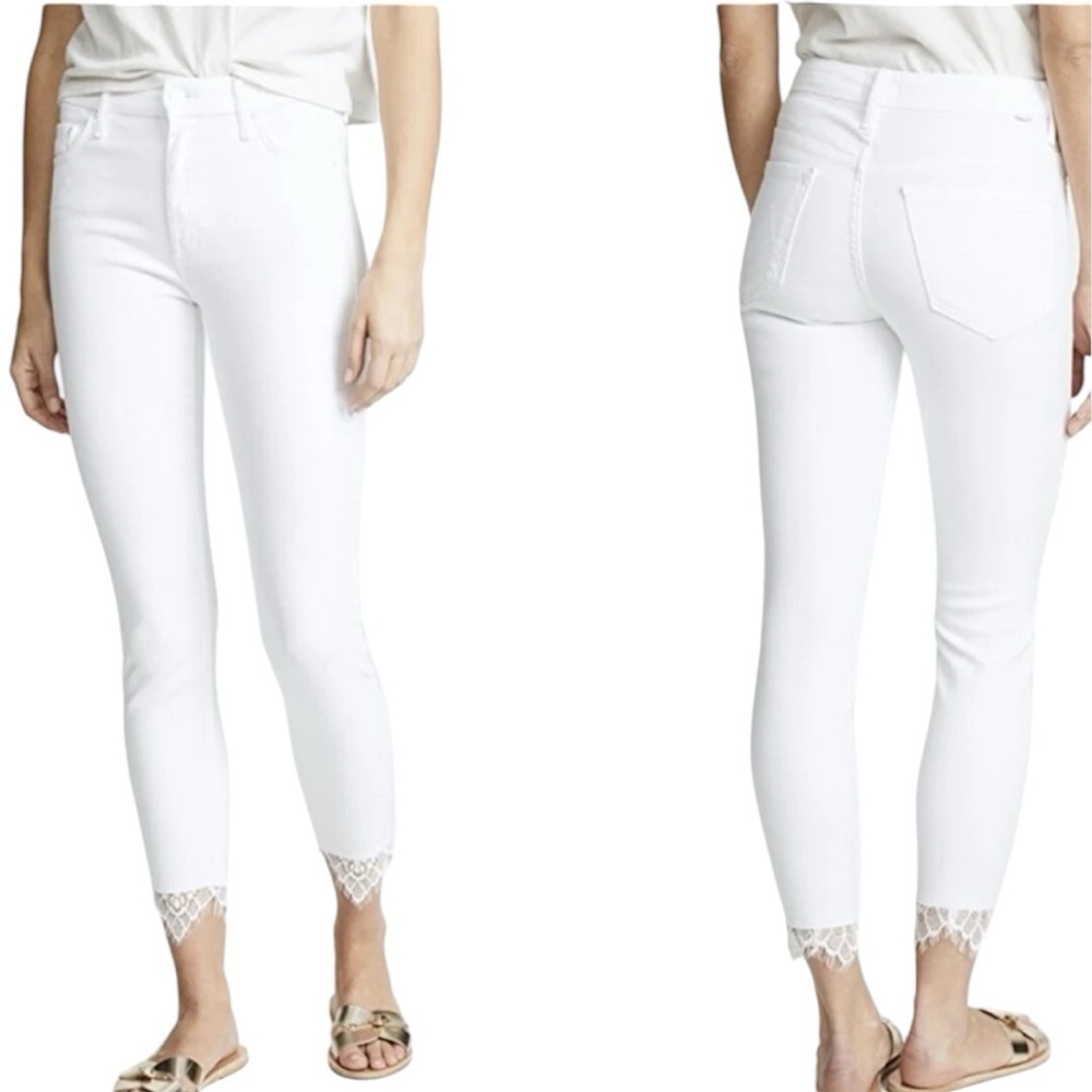 Mother High Waisted Looker Dagger Ankle Fray Lace Trim Jeans Glass Slipper 26